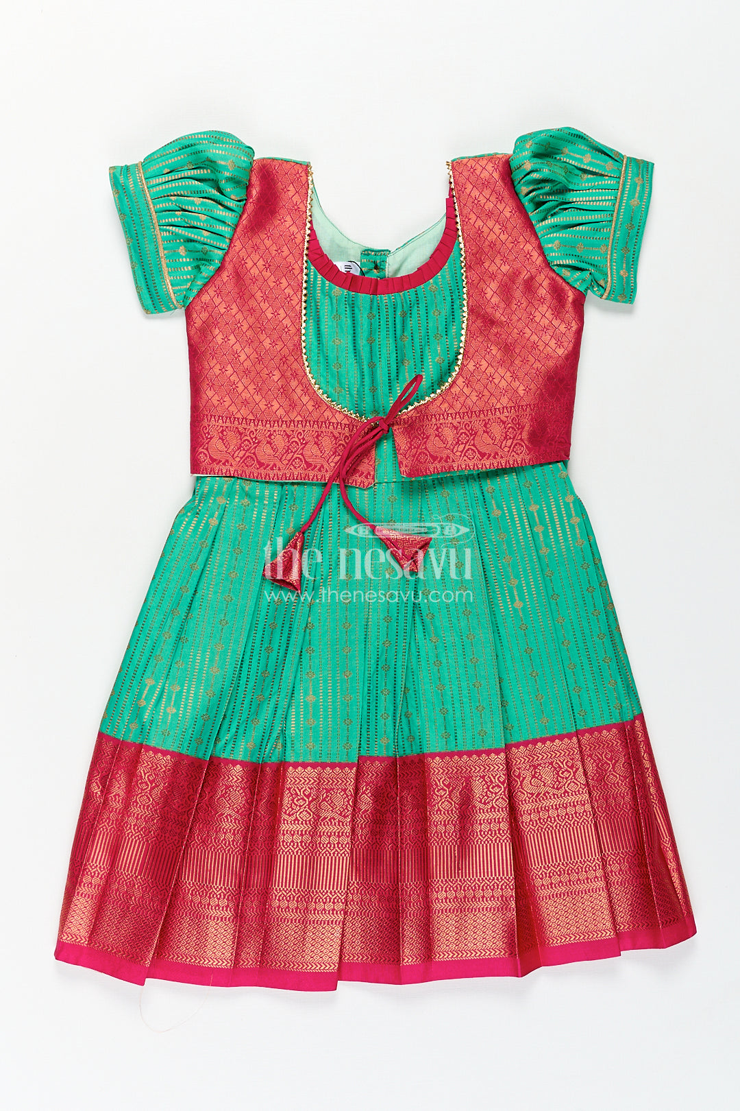 Girls Kanchivaram Silk Design Frock with Puff Sleeves Green Body and Maroon Zari Border Overlay