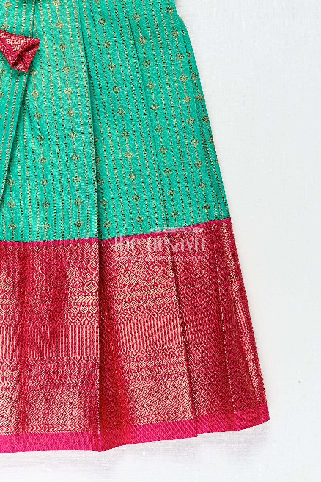 Girls Kanchivaram Silk Design Frock with Puff Sleeves Green Body and Maroon Zari Border Overlay