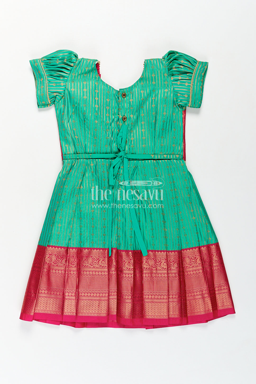 Girls Kanchivaram Silk Design Frock with Puff Sleeves Green Body and Maroon Zari Border Overlay