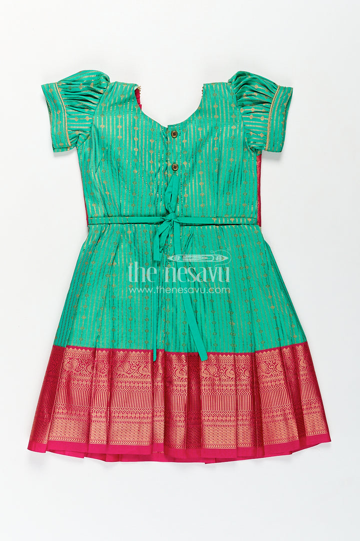 Girls Kanchivaram Silk Design Frock with Puff Sleeves Green Body and Maroon Zari Border Overlay