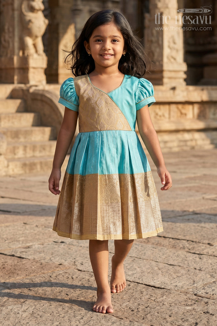 Elegant Sky Blue Frock for Girls with Kanchipuram Inspired Silk and Gold Zari Pleated Border