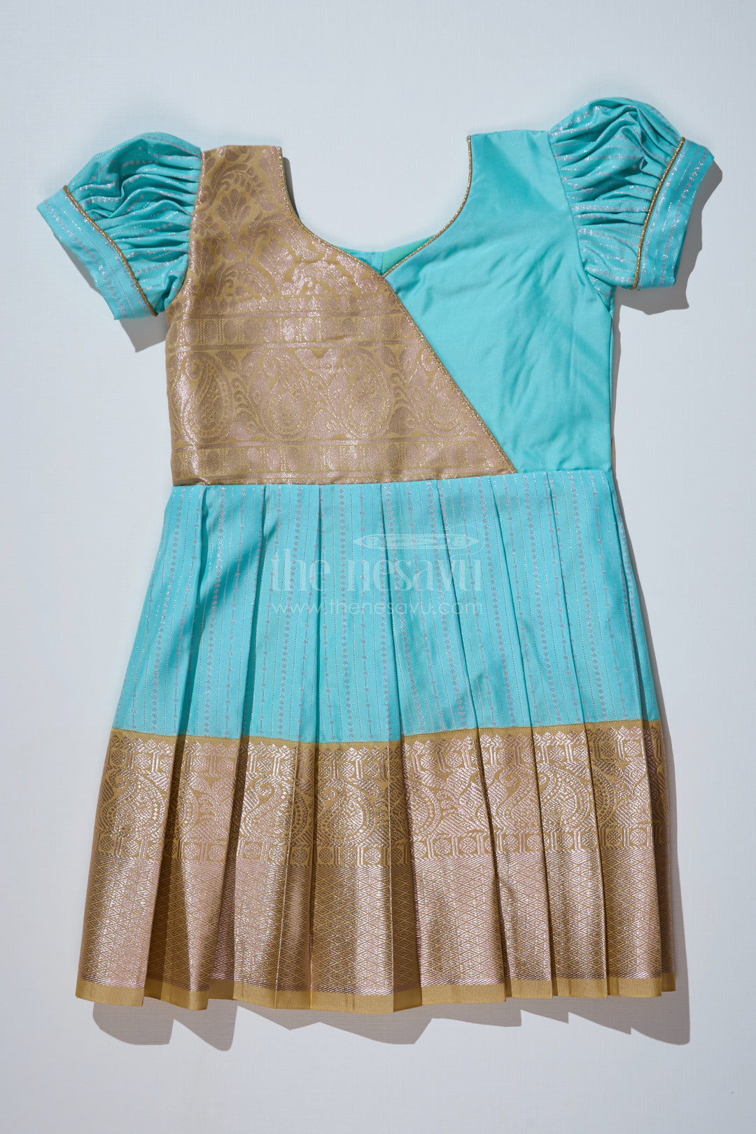 Elegant Sky Blue Frock for Girls with Kanchipuram Inspired Silk and Gold Zari Pleated Border