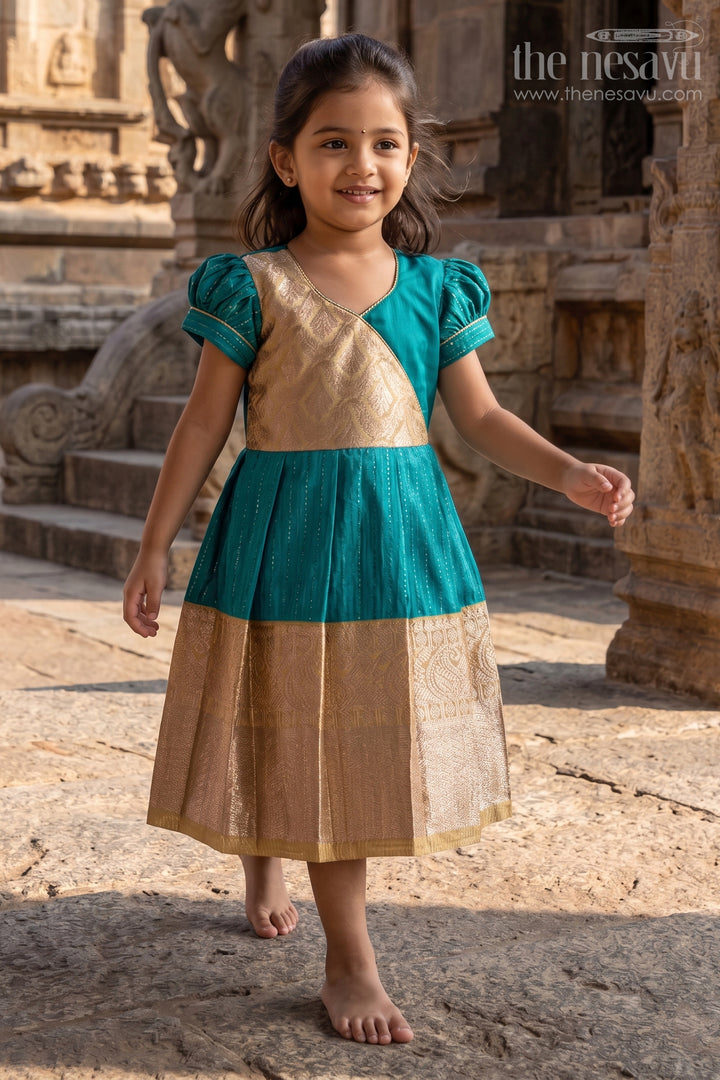 Traditional Dark Green Silk Dress for Girls with Kanchipuram Inspired Fabric and Gold Zari Border