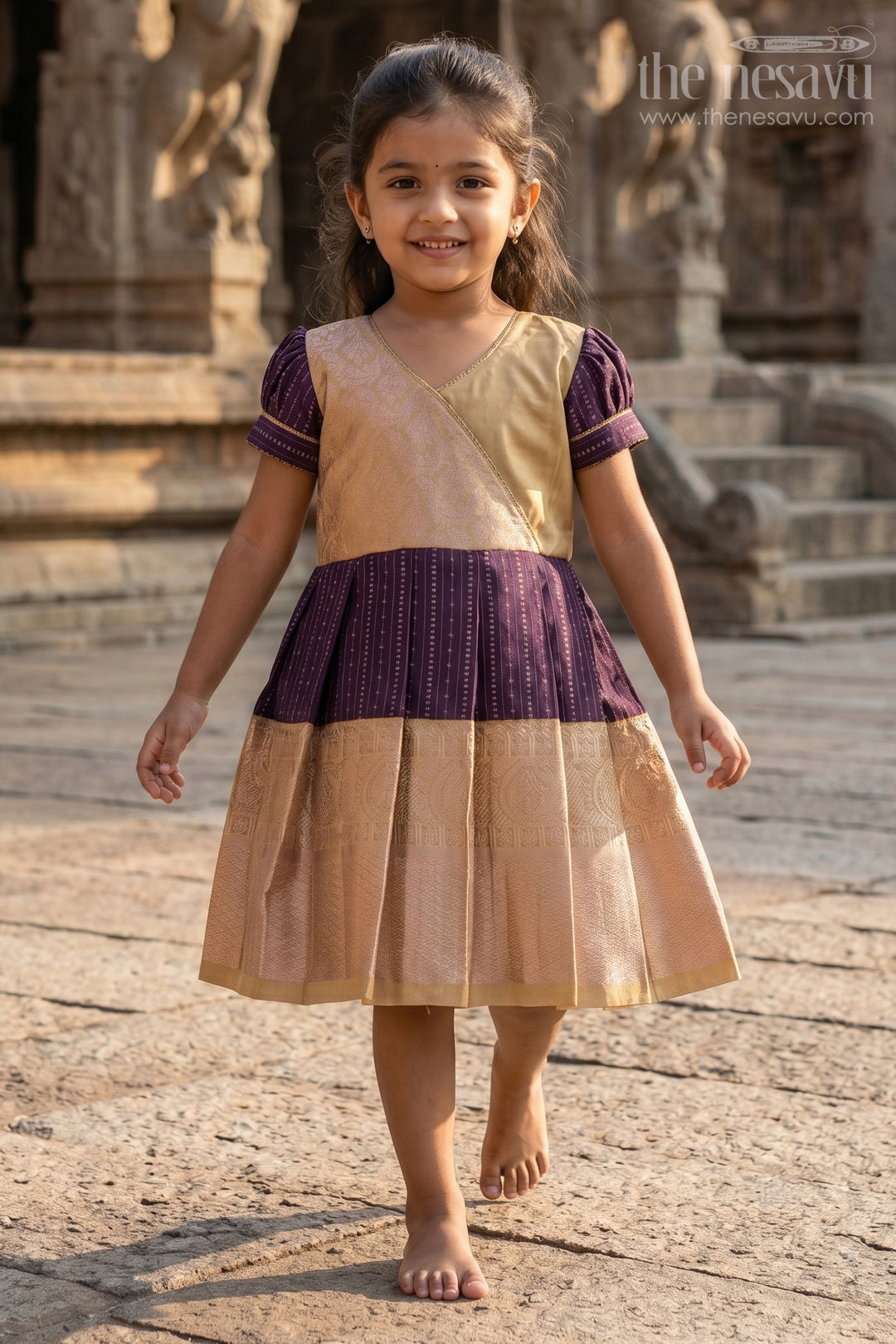 Magenta Silk Dress Girls Kanchipuram Inspired Fabric Gold Zari Pleated Border | The Nesavu The Nesavu Magenta Silk Dress Girls Kanchipuram Inspired Fabric Gold Zari Pleated Border | The Nesavu The Nesavu