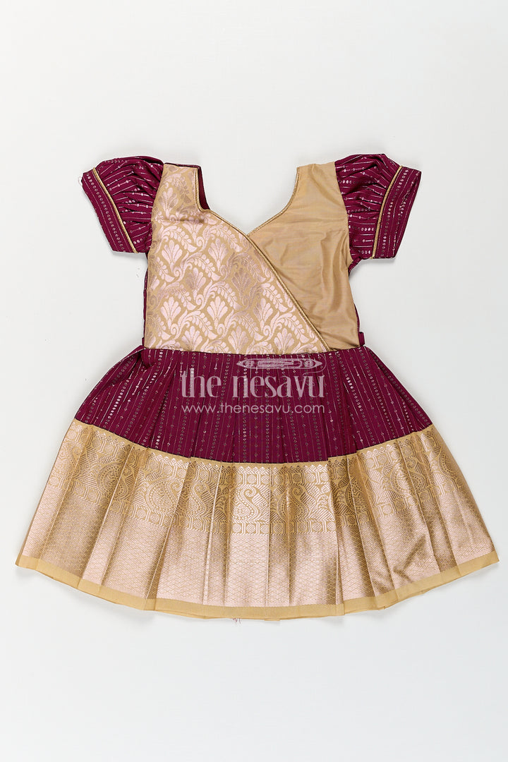 Girls Long Frock Design in Silk with Rich Maroon and Gold Combination in Semi Kanchivaram Fabric