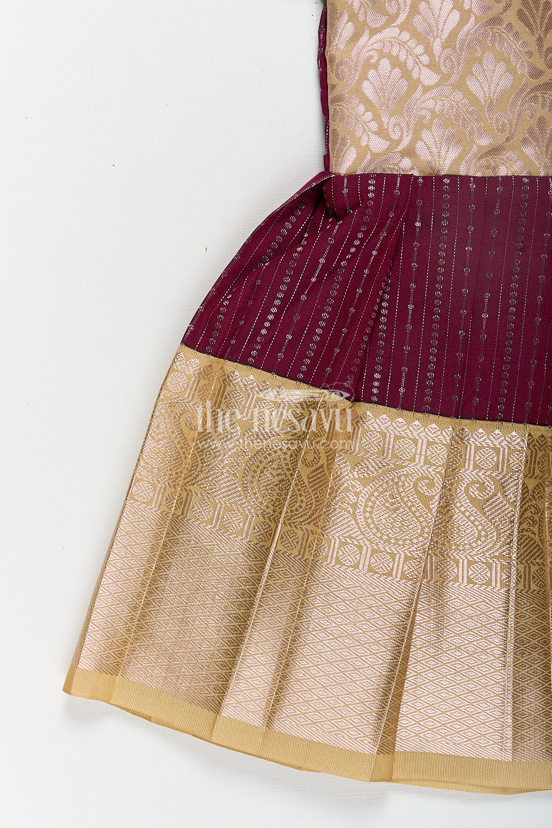Girls Long Frock Design in Silk with Rich Maroon and Gold Combination in Semi Kanchivaram Fabric