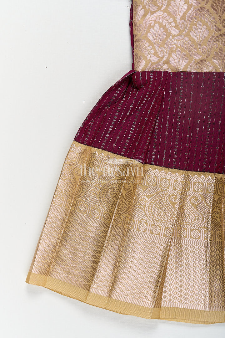 Girls Long Frock Design in Silk with Rich Maroon and Gold Combination in Semi Kanchivaram Fabric