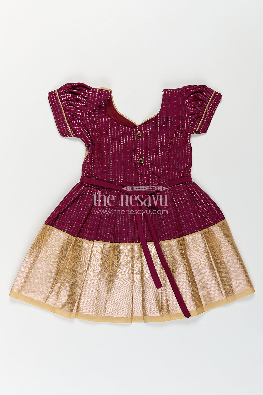 Girls Long Frock Design in Silk with Rich Maroon and Gold Combination in Semi Kanchivaram Fabric