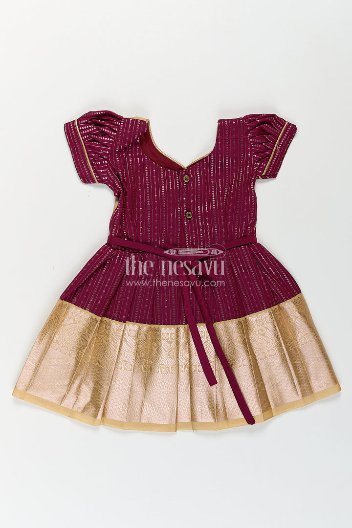 Girls Long Frock Design in Silk with Rich Maroon and Gold Combination in Semi Kanchivaram Fabric