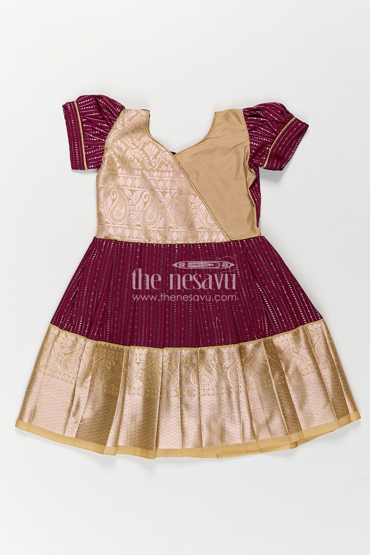 Girls Long Frock Design in Silk with Rich Maroon and Gold Combination in Semi Kanchivaram Fabric