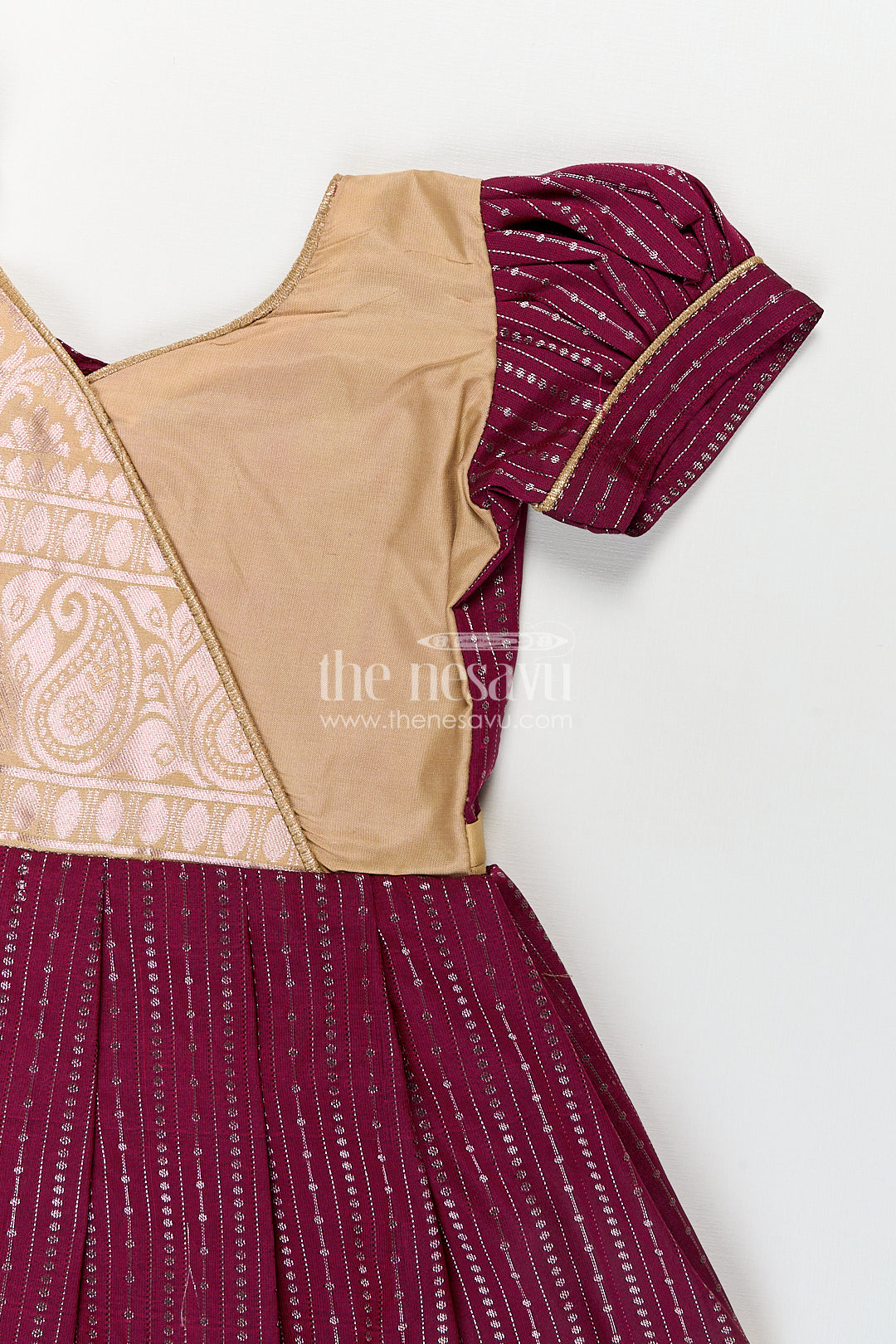 Girls Long Frock Design in Silk with Rich Maroon and Gold Combination in Semi Kanchivaram Fabric