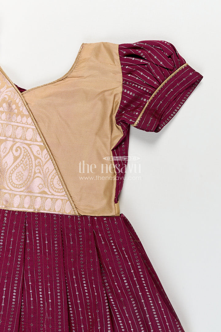 Girls Long Frock Design in Silk with Rich Maroon and Gold Combination in Semi Kanchivaram Fabric
