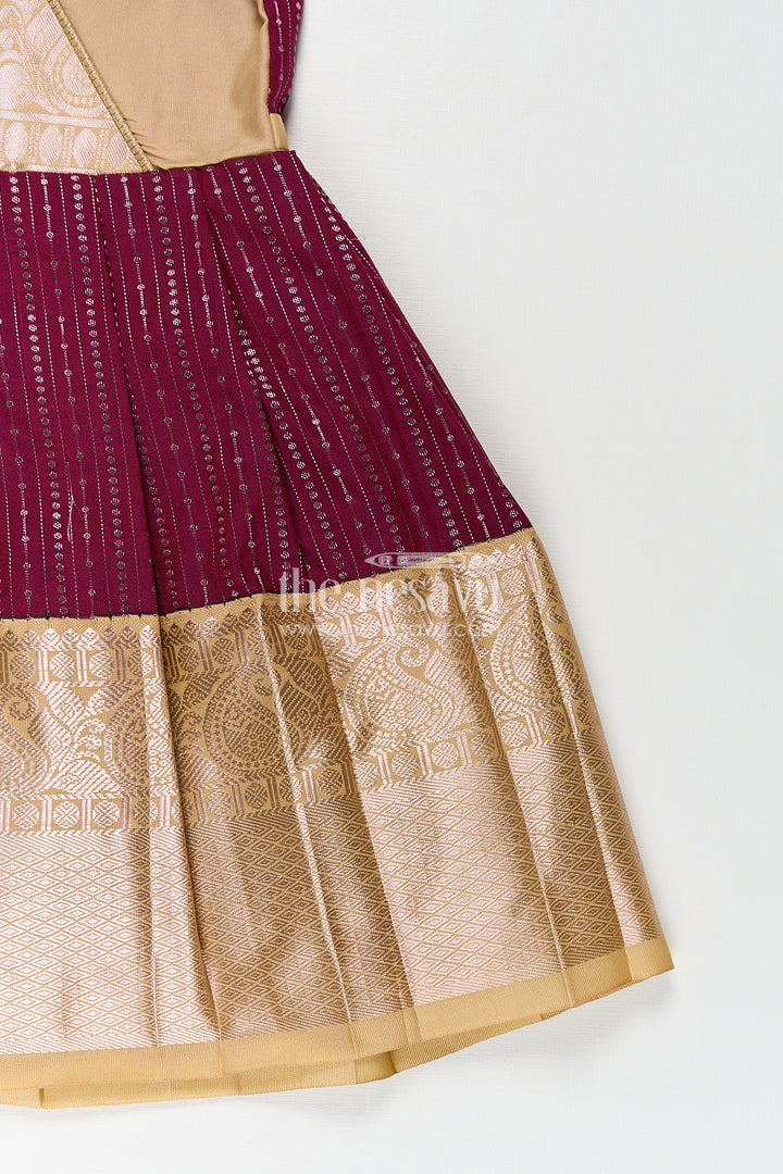 Girls Long Frock Design in Silk with Rich Maroon and Gold Combination in Semi Kanchivaram Fabric