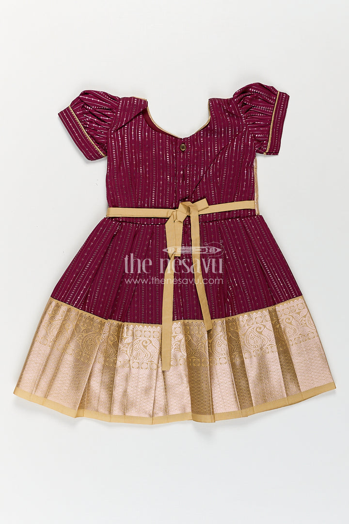 Girls Long Frock Design in Silk with Rich Maroon and Gold Combination in Semi Kanchivaram Fabric
