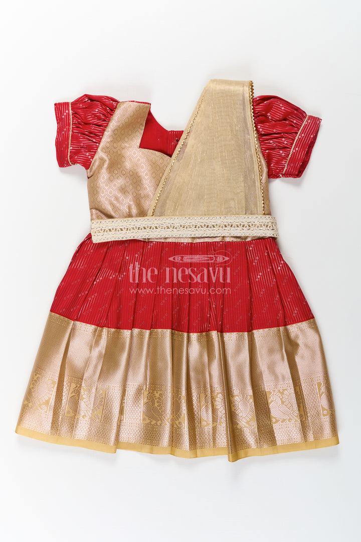 Girls Red and Gold Pattu Pavadai Set with Traditional Sattai Design and Elegant Border