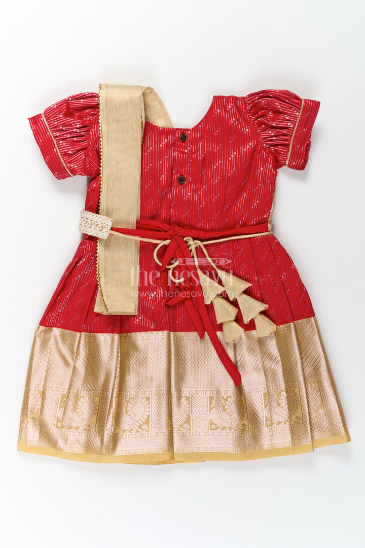 Girls Red and Gold Pattu Pavadai Set with Traditional Sattai Design and Elegant Border