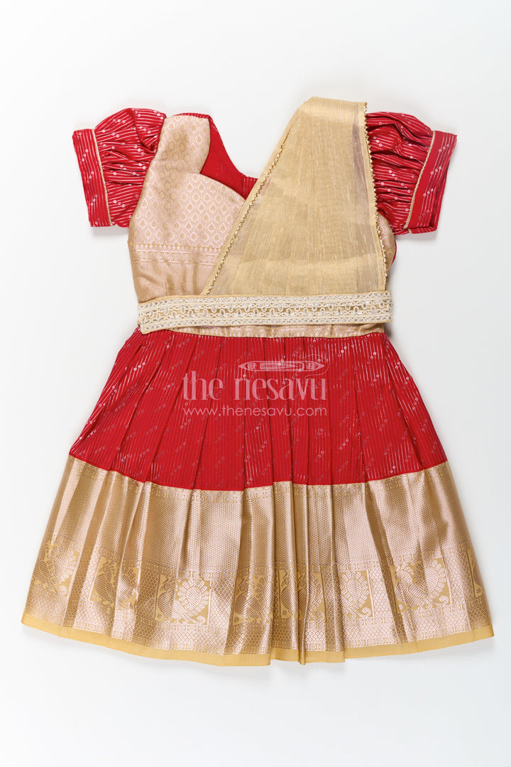 Girls Red and Gold Pattu Pavadai Set with Traditional Sattai Design and Elegant Border