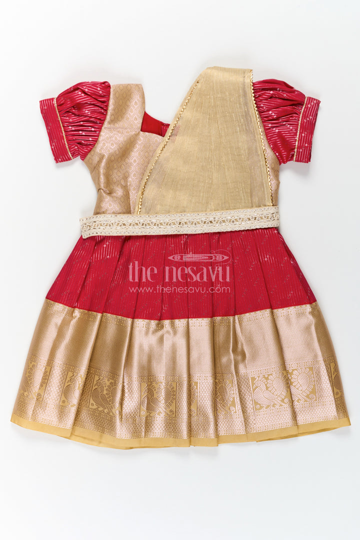 Girls Beige and Red Pattu Pavadai with Elegant Golden Border for Festive Wear