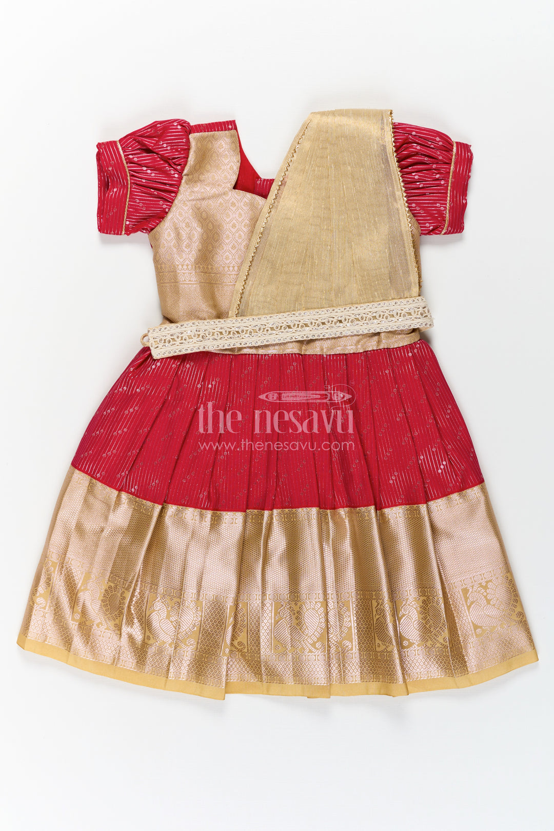 Girls Beige and Red Pattu Pavadai with Elegant Golden Border for Festive Wear