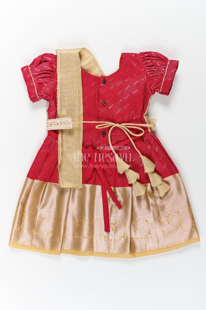 Girls Beige and Red Pattu Pavadai with Elegant Golden Border for Festive Wear
