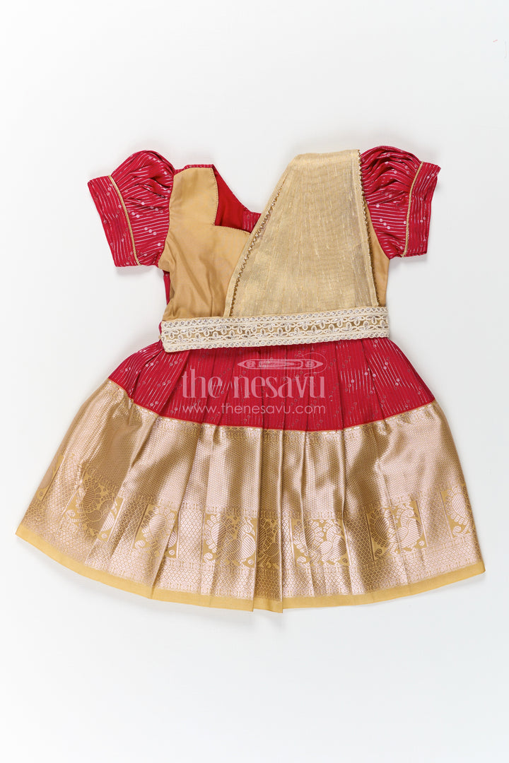 Girls Beige and Red Pattu Pavadai with Elegant Golden Border for Festive Wear