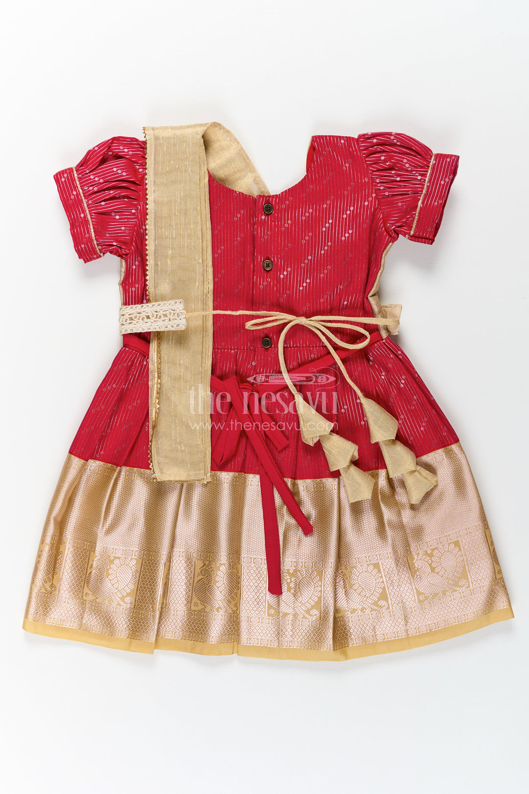 Girls Beige and Red Pattu Pavadai with Elegant Golden Border for Festive Wear