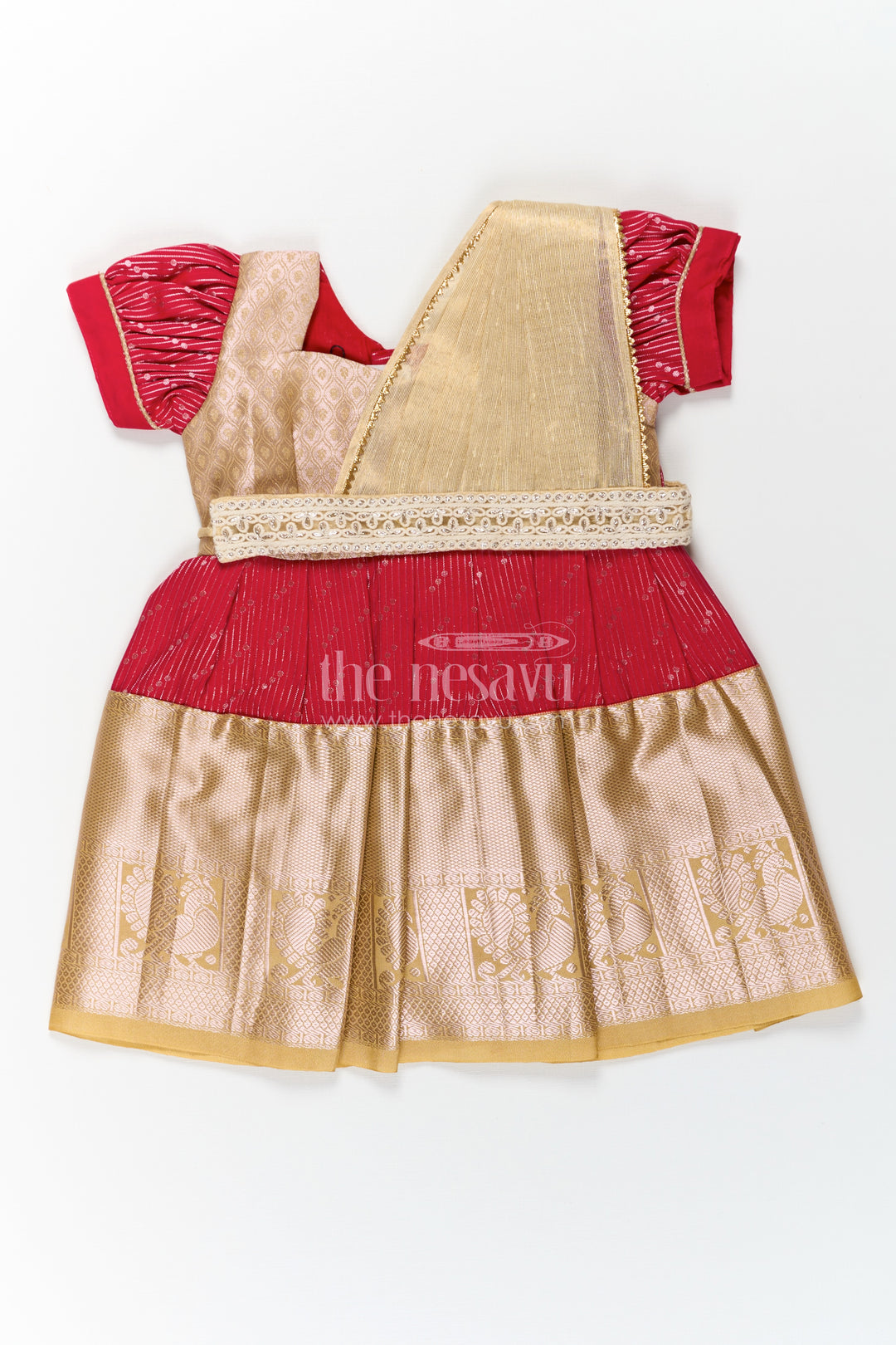 Girls Beige and Red Pattu Pavadai with Elegant Golden Border for Festive Wear