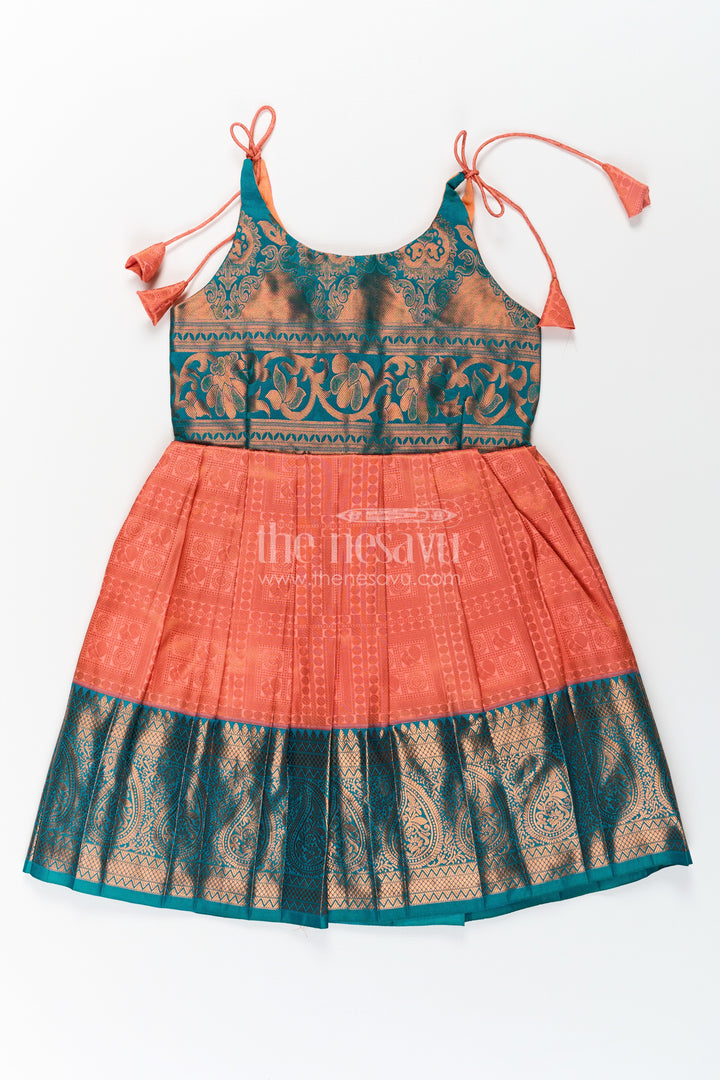 Girls Kanchivaram Silk Tie Up Frock in Orange and Teal with Traditional Zari Weave and Shoulder Tassels