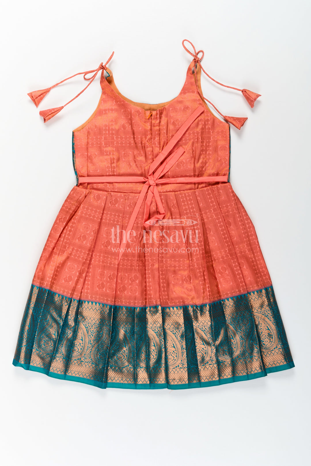 Girls Kanchivaram Silk Tie Up Frock in Orange and Teal with Traditional Zari Weave and Shoulder Tassels
