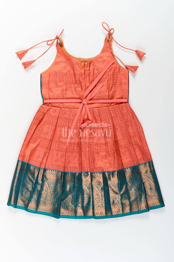 Girls Kanchivaram Silk Tie Up Frock in Orange and Teal with Traditional Zari Weave and Shoulder Tassels