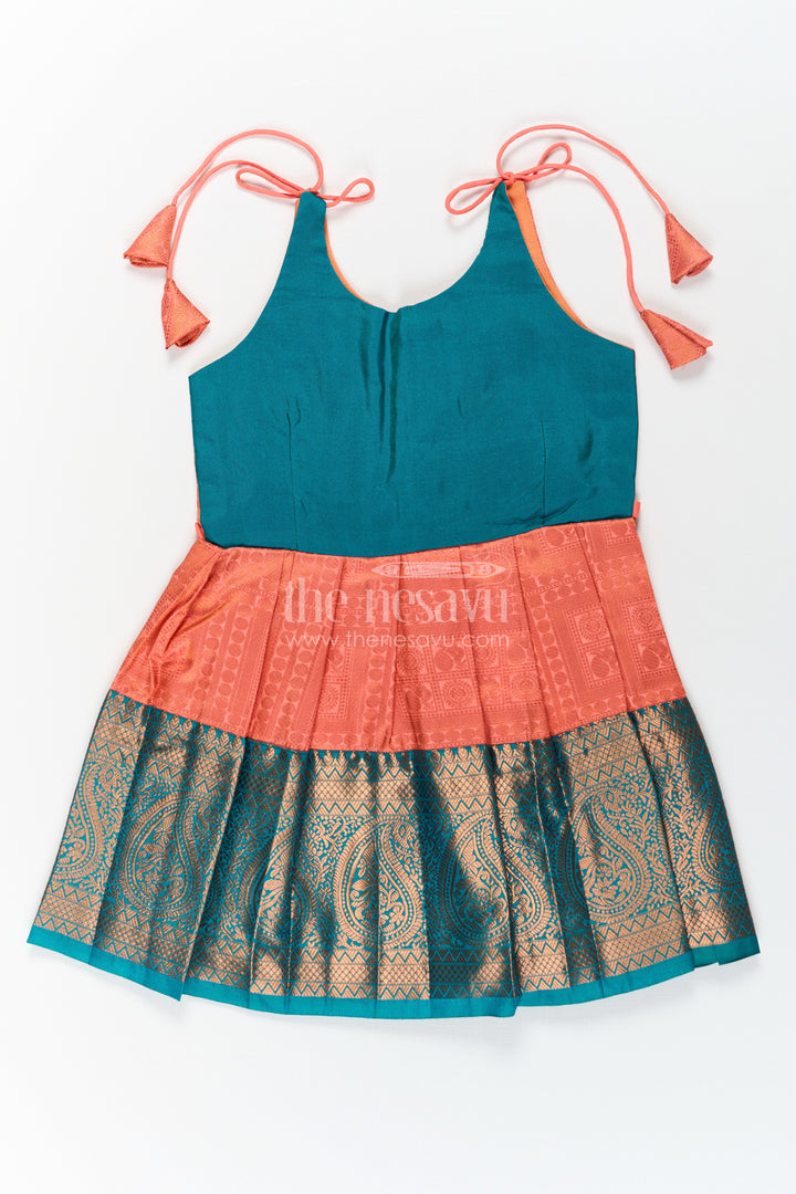 Girls Kanchivaram Silk Tie Up Frock in Orange and Teal with Traditional Zari Weave and Shoulder Tassels