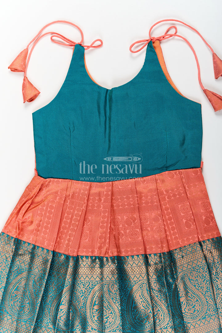 Girls Kanchivaram Silk Tie Up Frock in Orange and Teal with Traditional Zari Weave and Shoulder Tassels