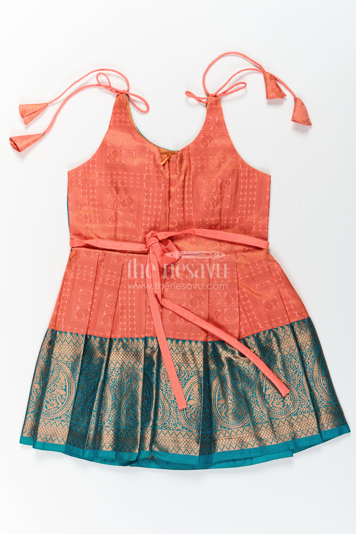 Girls Kanchivaram Silk Tie Up Frock in Orange and Teal with Traditional Zari Weave and Shoulder Tassels