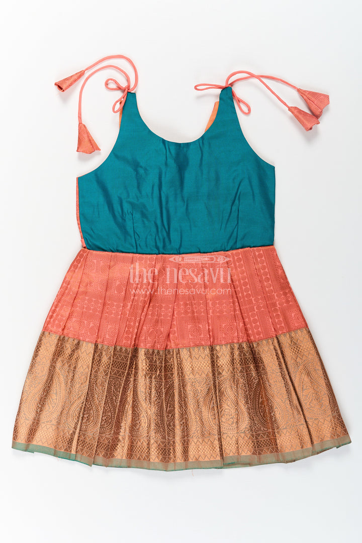 Girls Kanchivaram Silk Tie Up Frock in Orange and Teal with Traditional Zari Weave and Shoulder Tassels