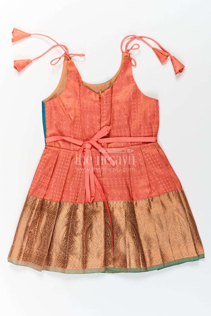 Girls Kanchivaram Silk Tie Up Frock in Orange and Teal with Traditional Zari Weave and Shoulder Tassels