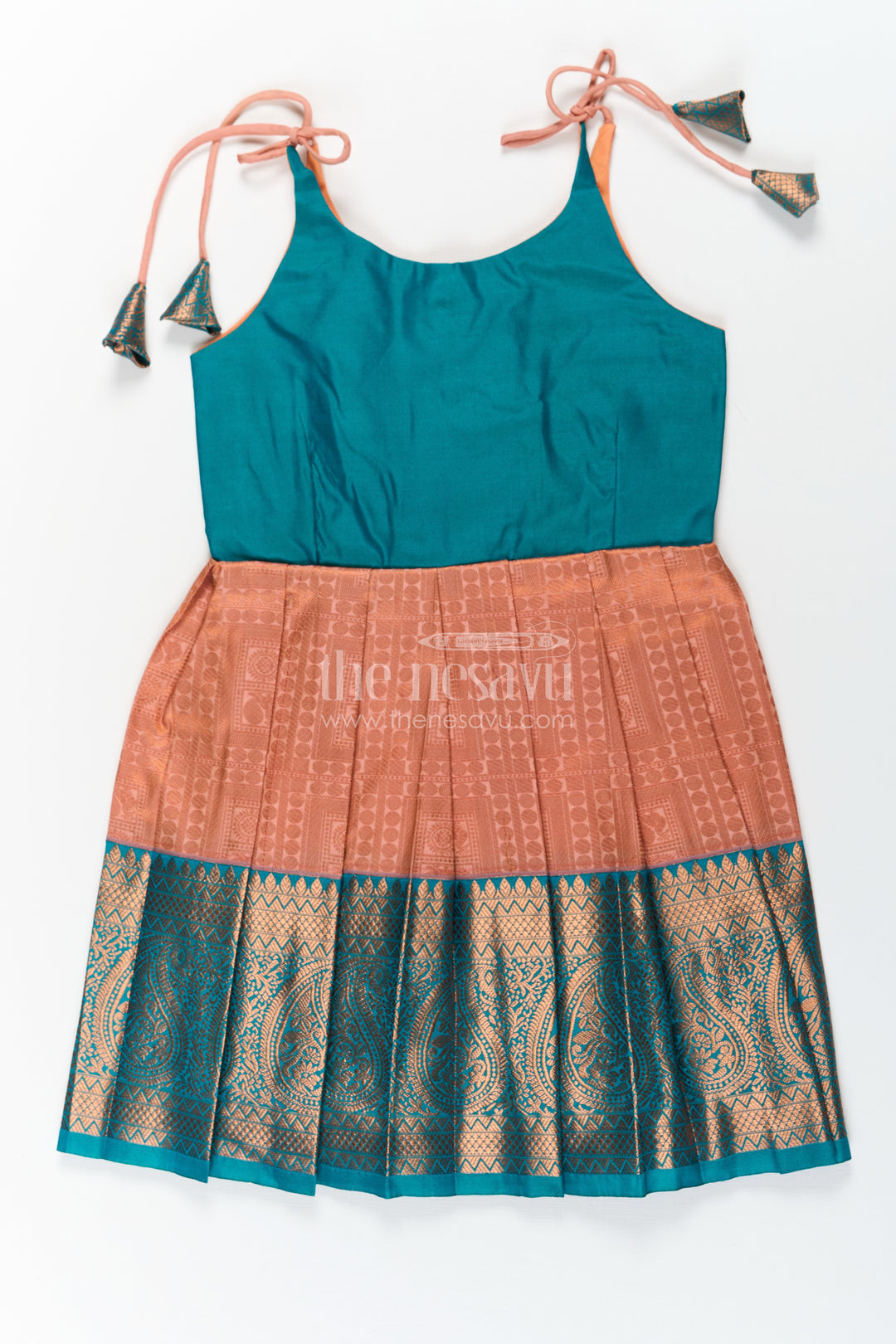 Girls Ethnic Silk Dresses in Semi Kanchivaram with Tie Up Sleeves and Zari Woven Orange Green Pleated Skirt