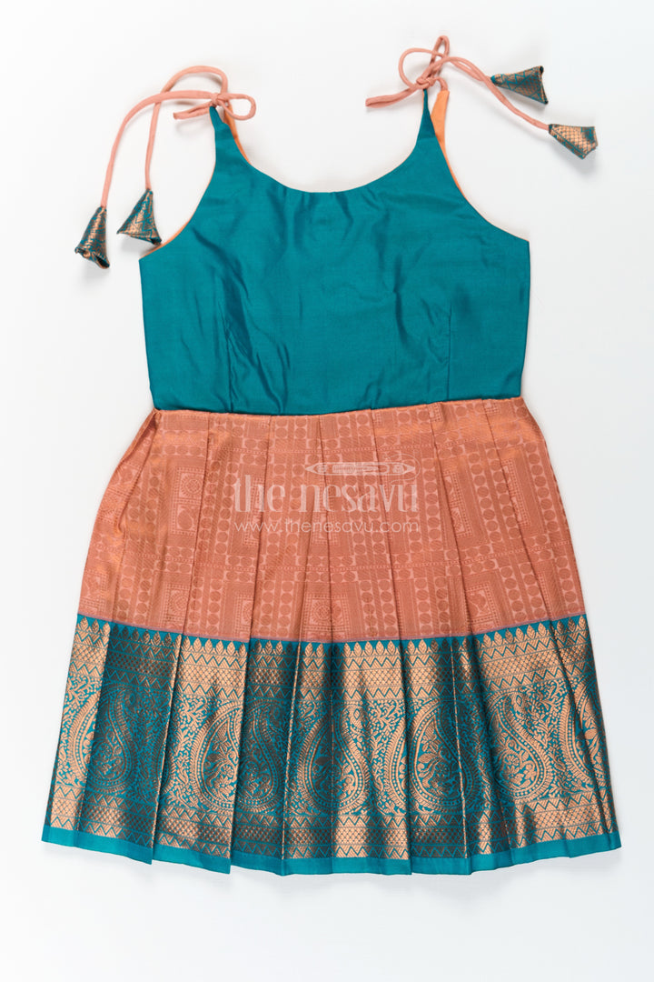 Girls Ethnic Silk Dresses in Semi Kanchivaram with Tie Up Sleeves and Zari Woven Orange Green Pleated Skirt