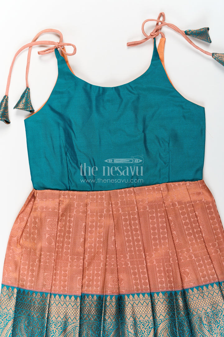 Girls Ethnic Silk Dresses in Semi Kanchivaram with Tie Up Sleeves and Zari Woven Orange Green Pleated Skirt
