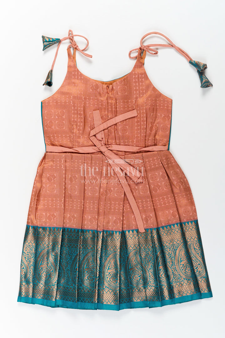 Girls Ethnic Silk Dresses in Semi Kanchivaram with Tie Up Sleeves and Zari Woven Orange Green Pleated Skirt