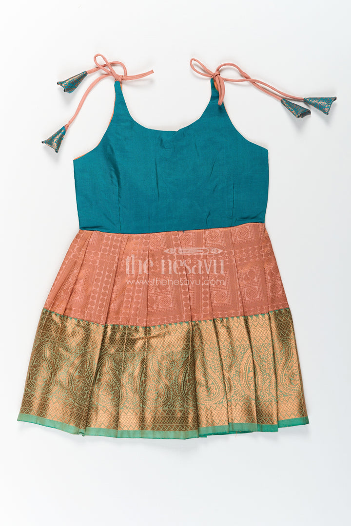 Girls Ethnic Silk Dresses in Semi Kanchivaram with Tie Up Sleeves and Zari Woven Orange Green Pleated Skirt