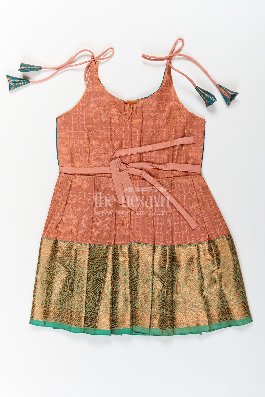 Girls Ethnic Silk Dresses in Semi Kanchivaram with Tie Up Sleeves and Zari Woven Orange Green Pleated Skirt