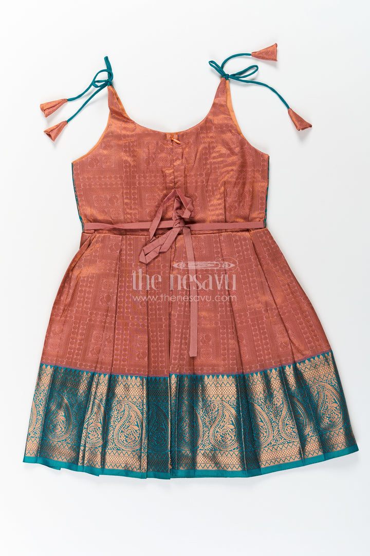 Girls Green Dress Silk Frock in Semi Kanchivaram with Tie Up Tassel Straps and Zari Pleated Hem
