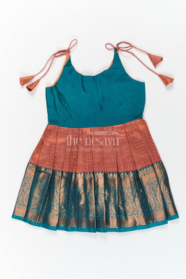 Girls Green Dress Silk Frock in Semi Kanchivaram with Tie Up Tassel Straps and Zari Pleated Hem