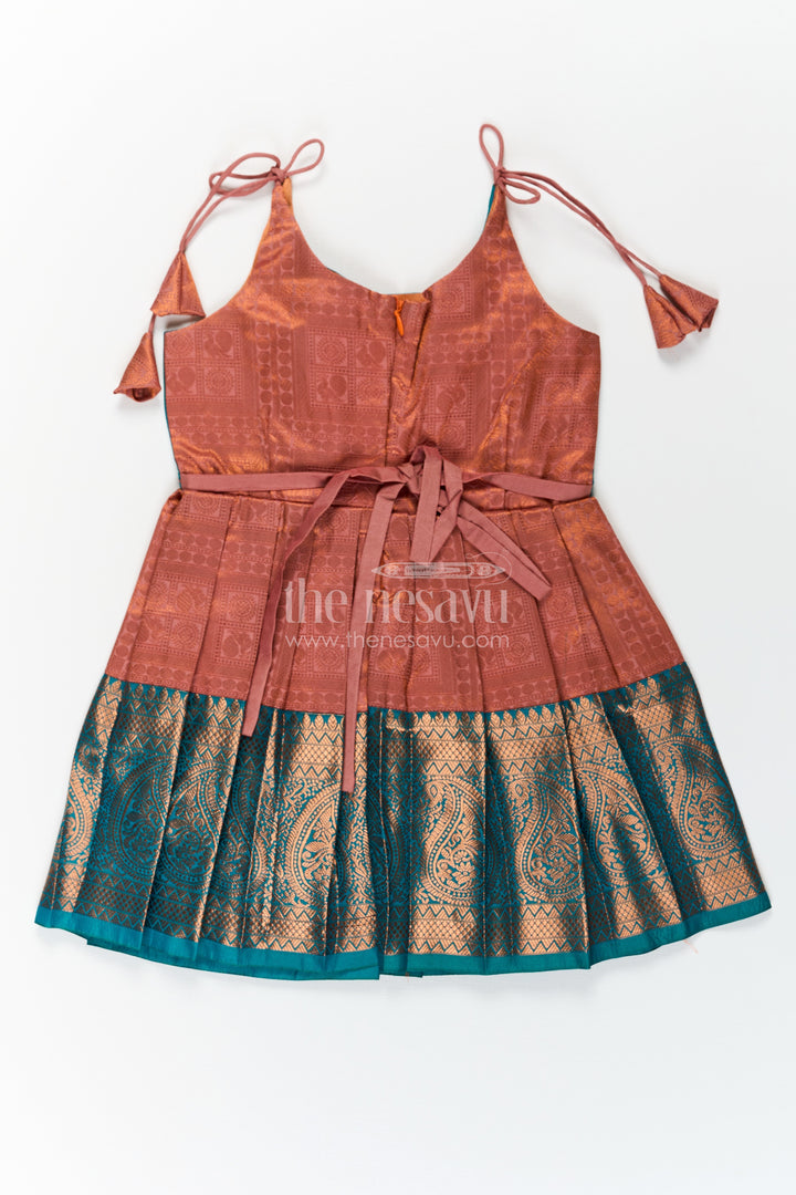 Girls Green Dress Silk Frock in Semi Kanchivaram with Tie Up Tassel Straps and Zari Pleated Hem