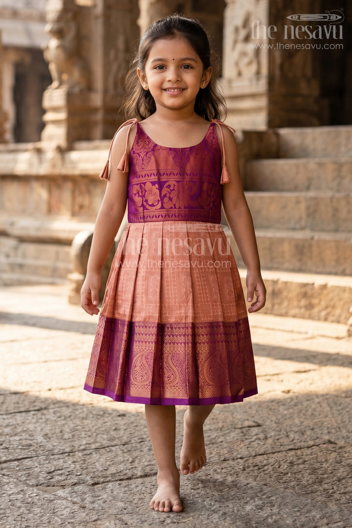 Girls Gold Silk Dress in Semi Kanchivaram with Purple Zari Bodice and Pleated Tie Up Tassel Frock