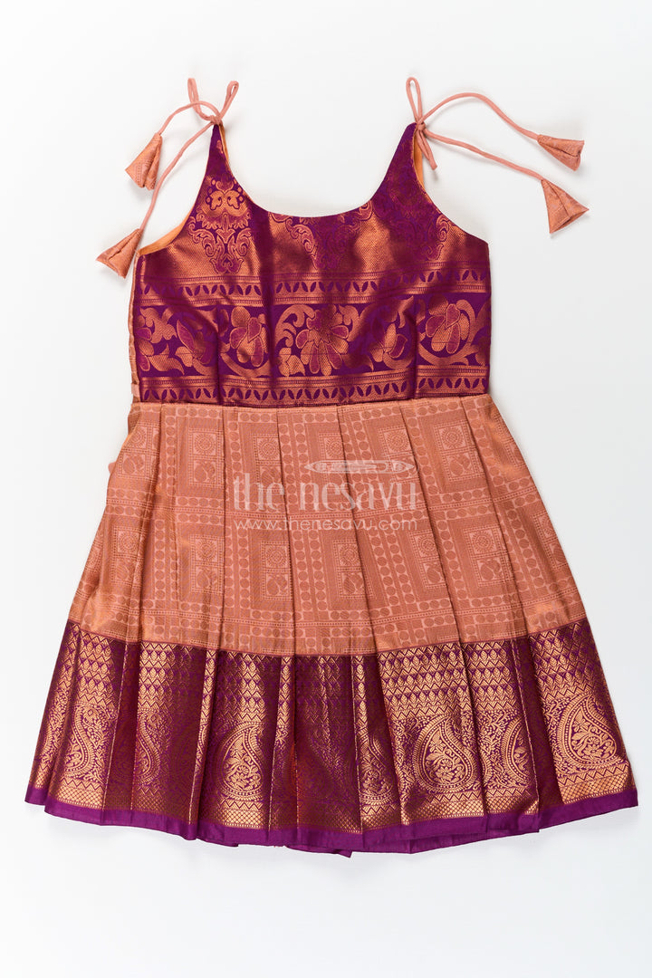 Girls Gold Silk Dress in Semi Kanchivaram with Purple Zari Bodice and Pleated Tie Up Tassel Frock