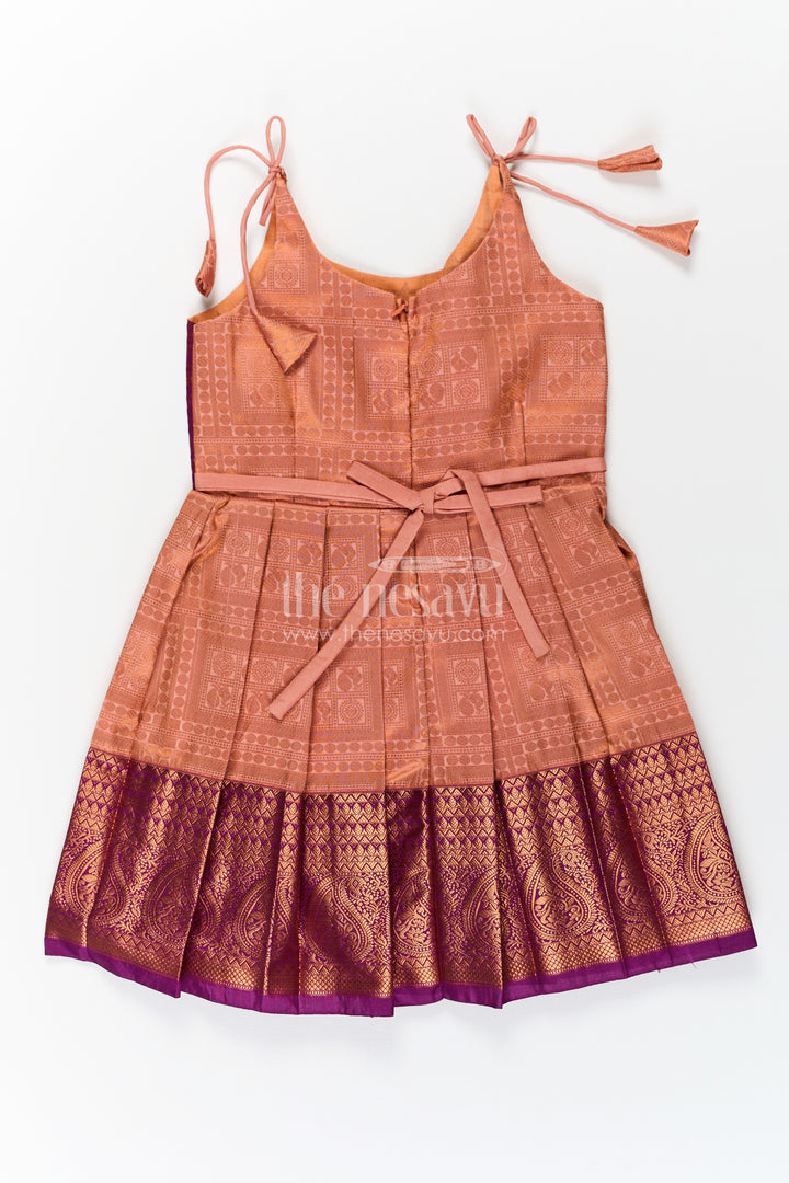 Girls Gold Silk Dress in Semi Kanchivaram with Purple Zari Bodice and Pleated Tie Up Tassel Frock