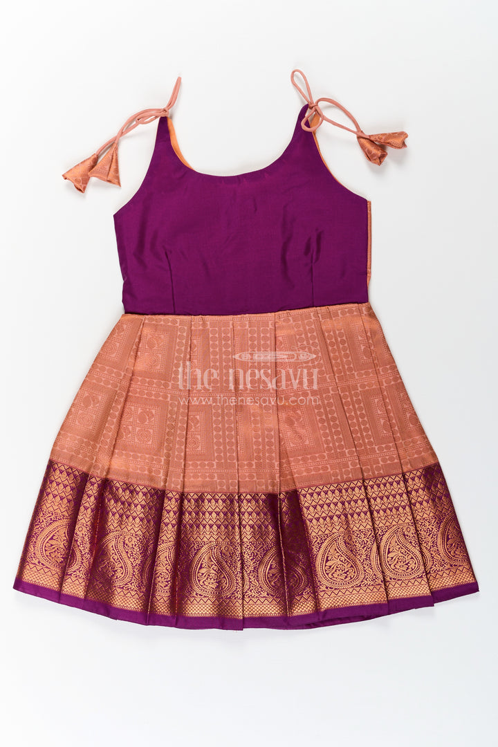 Girls Gold Silk Dress in Semi Kanchivaram with Purple Zari Bodice and Pleated Tie Up Tassel Frock