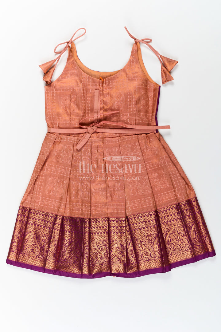 Girls Gold Silk Dress in Semi Kanchivaram with Purple Zari Bodice and Pleated Tie Up Tassel Frock