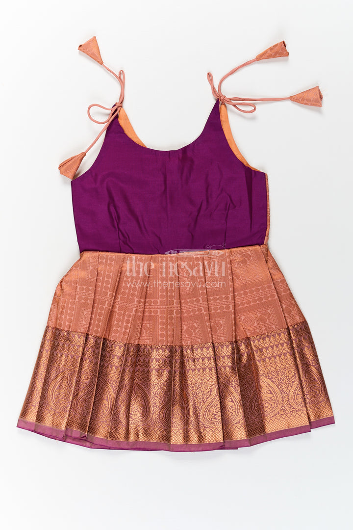 Girls Gold Silk Dress in Semi Kanchivaram with Purple Zari Bodice and Pleated Tie Up Tassel Frock